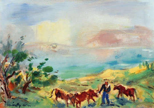Márffy Ödön (1878-1959) Tájkép tóval (Domboldal háttérben a Balatonnal), 1948 körül
