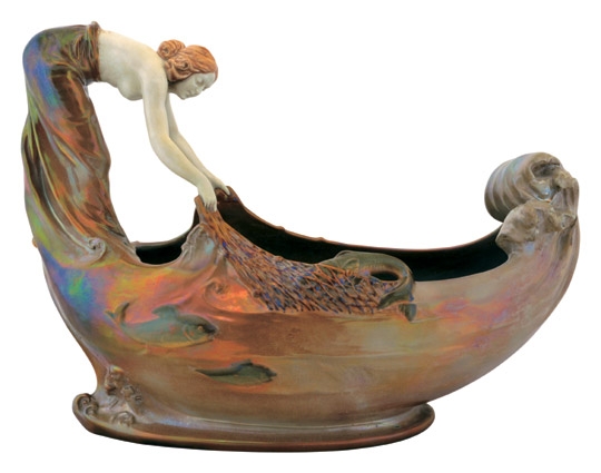 Zsolnay Rose-bowl with fishing woman, Zsolnay, from the beginning of the 1900s, Form-plan: Sigismund Dsbanski Sixtus, 1903
