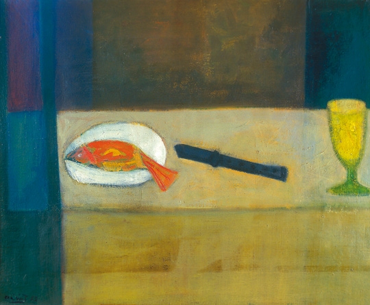 Bálint Endre (1914-1986) Still life with a Fish and black Knife, 1953