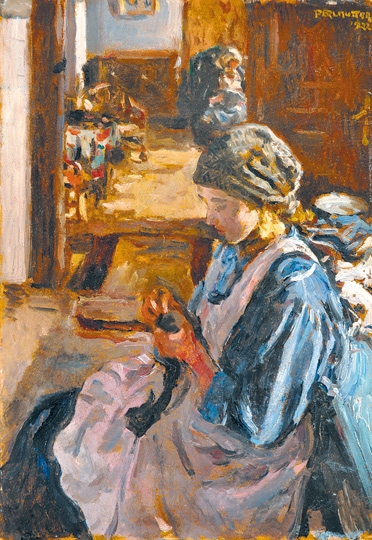 Perlmutter Izsák (1866-1932) Embroidering Girl, 1922