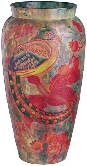 Zsolnay Vase with bird of paradise and foxglove, Zsolnay, around 1905