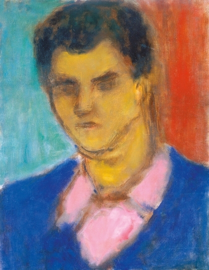 Czóbel Béla (1883-1976) Fiatal férfi portréja, rózsaszín ingben, kék ruhában, 1972