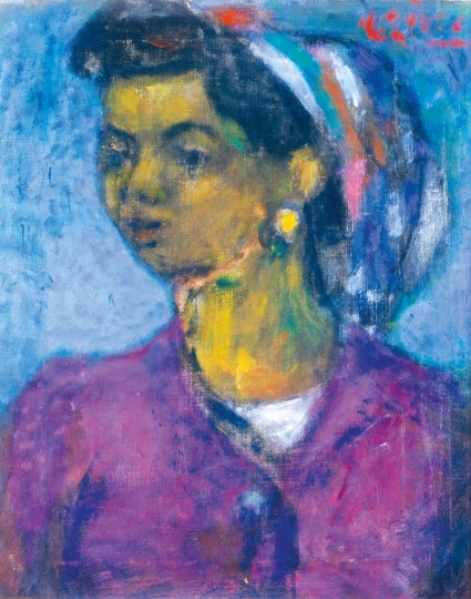 Czóbel Béla (1883-1976) Lilaruhás nő színes kendővel, 1973