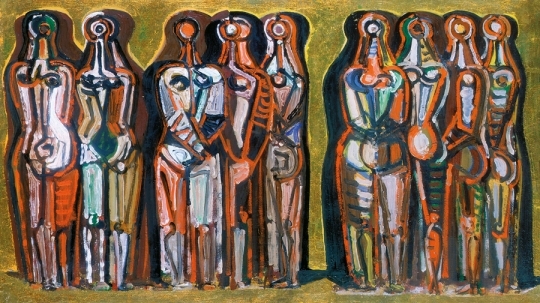 Barcsay Jenő (1900-1988) Mozaikterv arany háttérrel, kilenc figurával, 1963