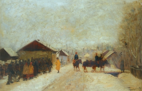Mednyánszky László (1852-1919) Téli tájban vonuló katonák, 1914