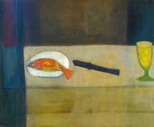 Bálint Endre (1914-1986) Still life with a fish and black knife, 1953