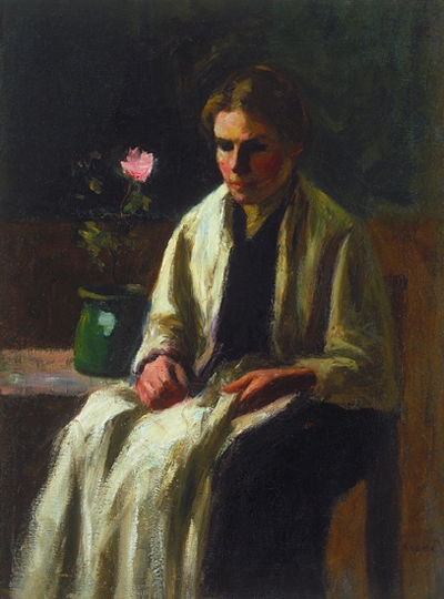 Koszta József (1861-1949) Varró lány rózsával, 1910 körül
