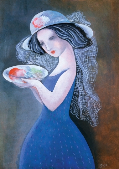 Kádár Béla (1877-1956) Kalapos nő gyümölcsöstállal, 1930-as évek eleje