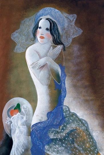 Kádár Béla (1877-1956) Női akt kék fátyollal és csendélettel, 1930-as évek közepe
