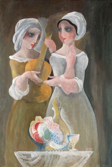 Kádár Béla (1877-1956) Zenélő hölgyek asztali csendélettel, 1930-as évek közepe