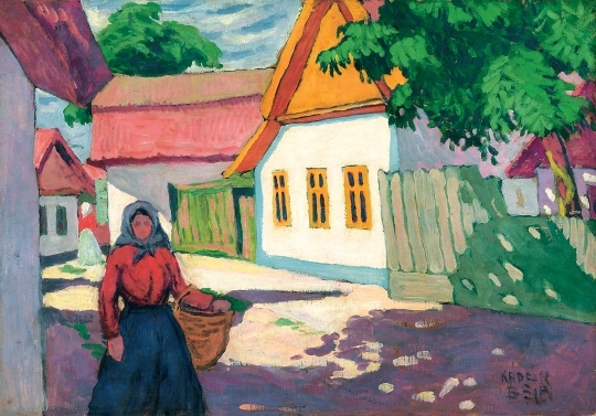 Kádár Béla (1877-1956) Utca nyári ragyogásban (Asszony kosárral), 1910