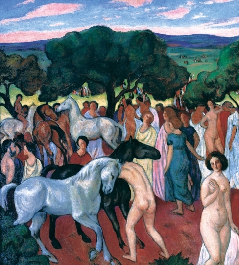 Kádár Béla (1877-1956) Tömegjelenet tájban, lovakkal (Leányvásár), 1917 körül
