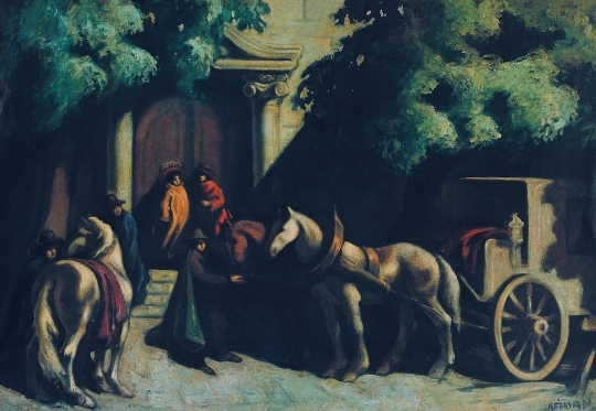 Kádár Béla (1877-1956) Lovas kocsi a fogadó előtt, 1905 k.