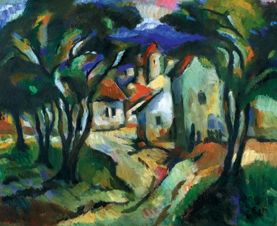 Kádár Béla (1877-1956) Kék tájkép (Házak fákkal), 1921 körül