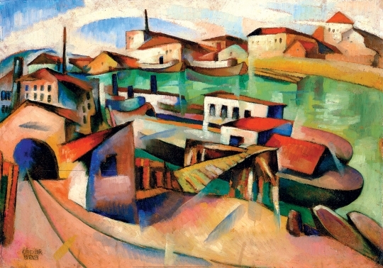 Kádár Béla (1877-1956) Folyóparti városkép, 1921 körül