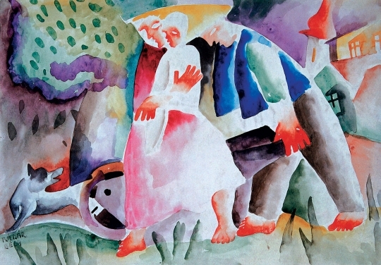 Kádár Béla (1877-1956) Figures and a Dog, 1923