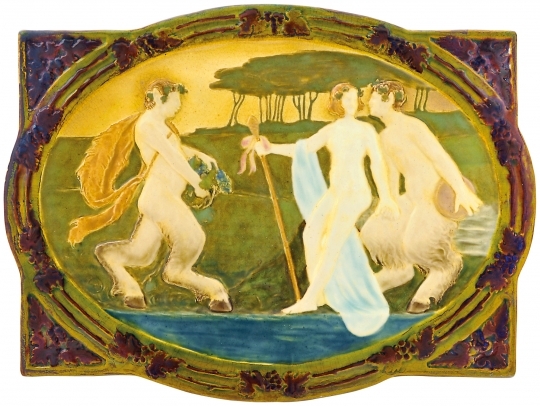Zsolnay Falikép, zenélő, táncoló faunok nőalakkal, Zsolnay, 1906