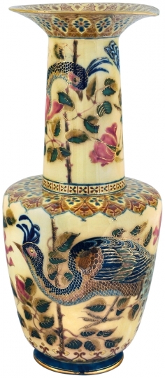 Zsolnay Pair of vases, with peacocks, Zsolnay, c. 1880. Design of  Zsolnay Júlia, 1882