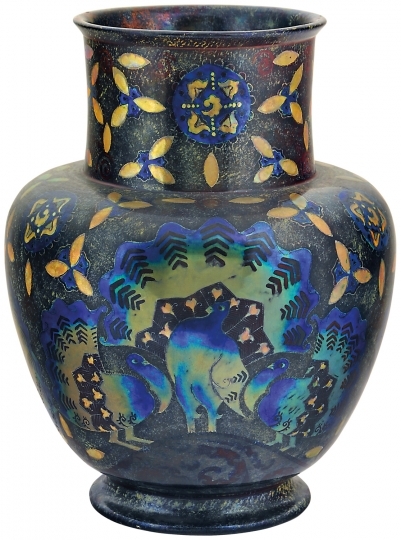 Zsolnay Vase with Peacock-pattern, around 1908, Zsolnay. Design of Hidassy Pilló Sándor