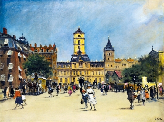 Berkes Antal (1874-1938) Early autumn mood on a city square
