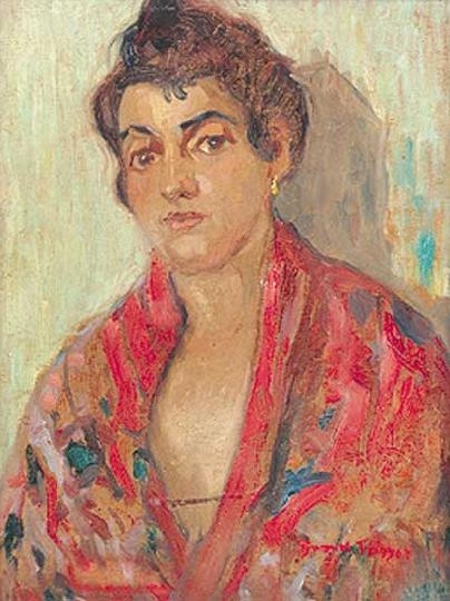 Frank Frigyes (1890-1976) Elza in a red dress