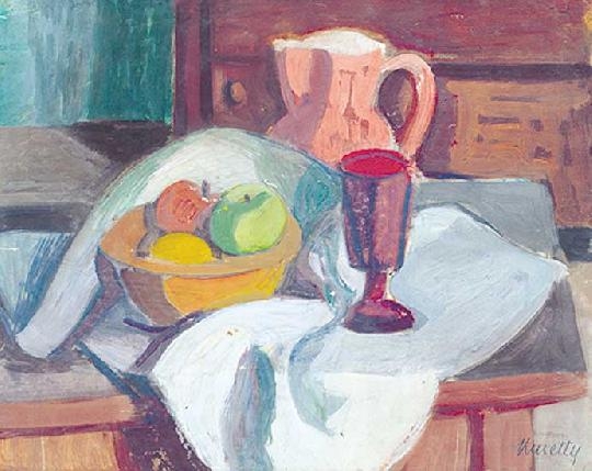 Kmetty János (1889-1975) Still life with apples and glass