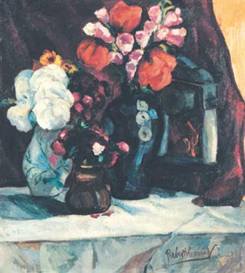 Perlrott-Csaba Vilmos (1880-1955) Virágcsendélet órával