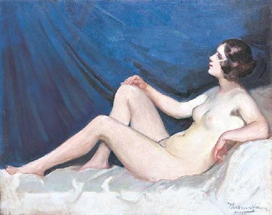 Thorma János (1870-1937) Female nude with blue background, 1930s