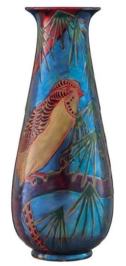 Zsolnay Vase with a parrot with folded wings, Zsolnay, around 1908, restored