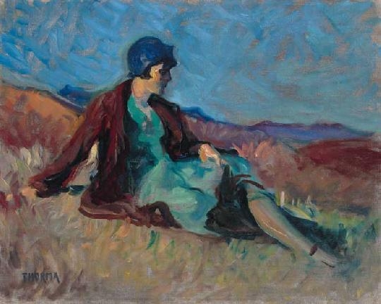 Thorma János (1870-1937) Kék kalapban a tavaszi mezőn