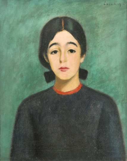 Czigány Dezső (1883-1938) Girl with bow in a green Room