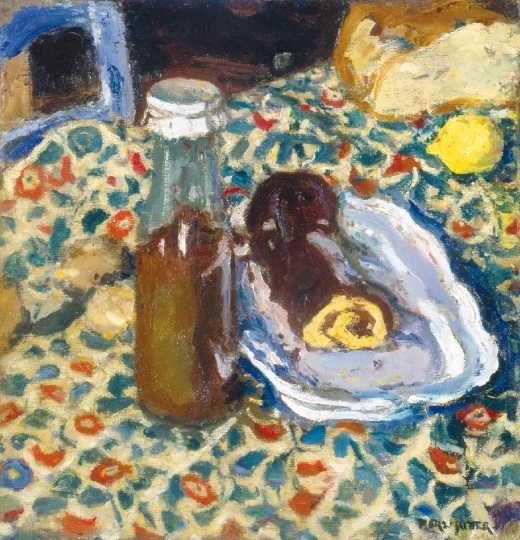 Perlmutter Izsák (1866-1932) Still life with a Milk-loaf, 1920
