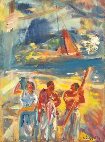 Márffy Ödön (1878-1959) Társaság tóparton (Hajósok vízparton, Halászok), 1946 körül