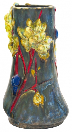 Zsolnay Vase with plum decor, Zsolnay, 1900, Form and decor-plan by Lajos Mack
