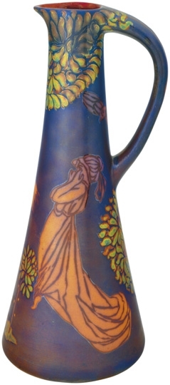 Zsolnay Pitcher with flower- and woman-figure décor, Zsolnay, 1900 Decor-plan and handpainted by Géza Nikelszky
