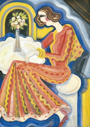 Scheiber Hugó (1873-1950) Lady in Red Dress