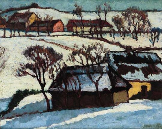 Balla Béla (1882-1965) Snowy landscape with houses
