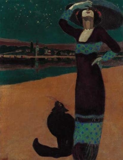 Faragó Géza (1877-1928) Slender woman with cat by lamplight, 1913 (Oil variant of the composition made for the advertisement for Tungsram's Wolfram electric bulb)