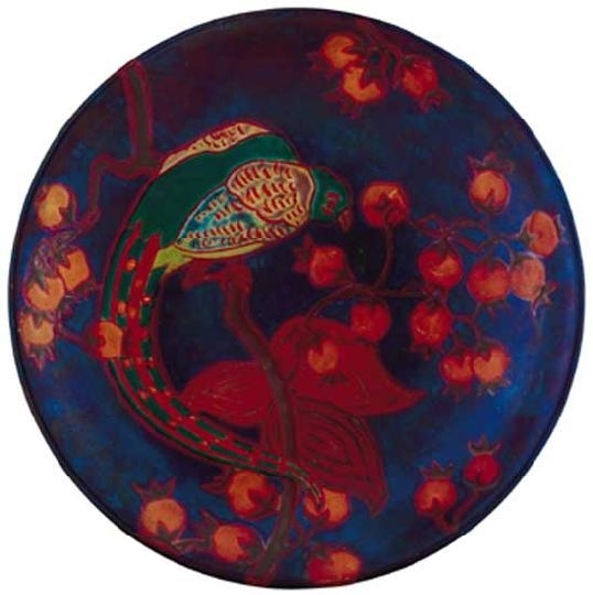 Zsolnay Plate, Zsolnay, around 1905, bird of paradise with foxglove