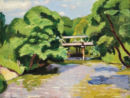 Pór Bertalan (1880-1964) Riverside girdled with trees, 1909