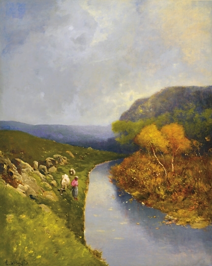 K. Spányi Béla (1852-1914) Peasant girl on the Autumn stream bank