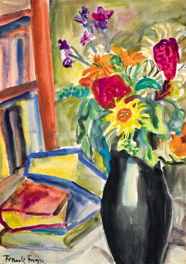 Frank Frigyes (1890-1976) Flowers and books (The black vase)