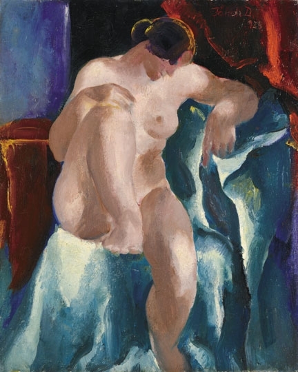 Jándi Dávid (1893-1944) Nude in front of a red lambrequin, 1926