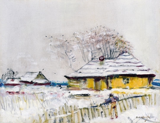 Mednyánszky László (1852-1919) Snowy landscape with houses