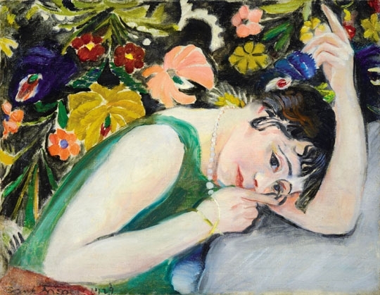 Frank Frigyes (1890-1976) Resting Mimi, 1929 (Mimi in green Cloth)