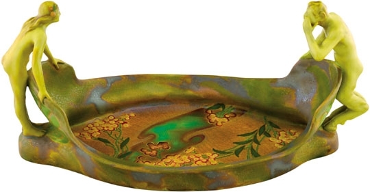 Zsolnay Dish with bantering nymph and faun shape, Zsolnay, around 1903