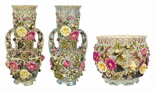 Zsolnay Historicist pair of vases with a ceramic plant holder, Zsolnay, c.1895