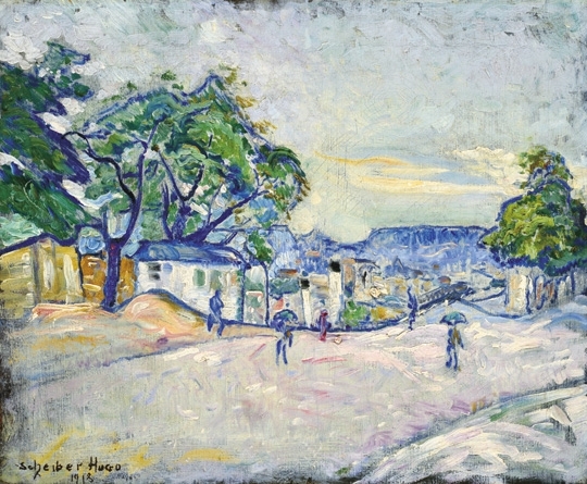 Scheiber Hugó (1873-1950) Rainy streetview, 1918