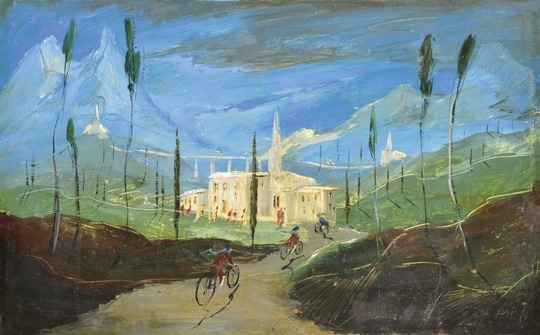 Molnár C. Pál (1894-1981) Italian landscape with bikers