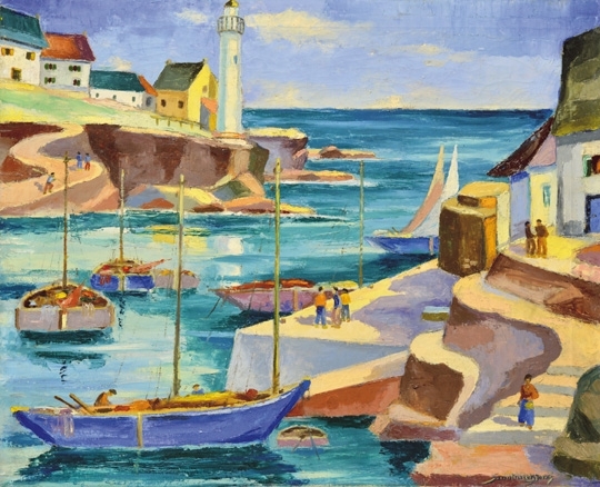 Szantrucsek Jenő 1903-1965 Mediterranean harbour with a lighthouse